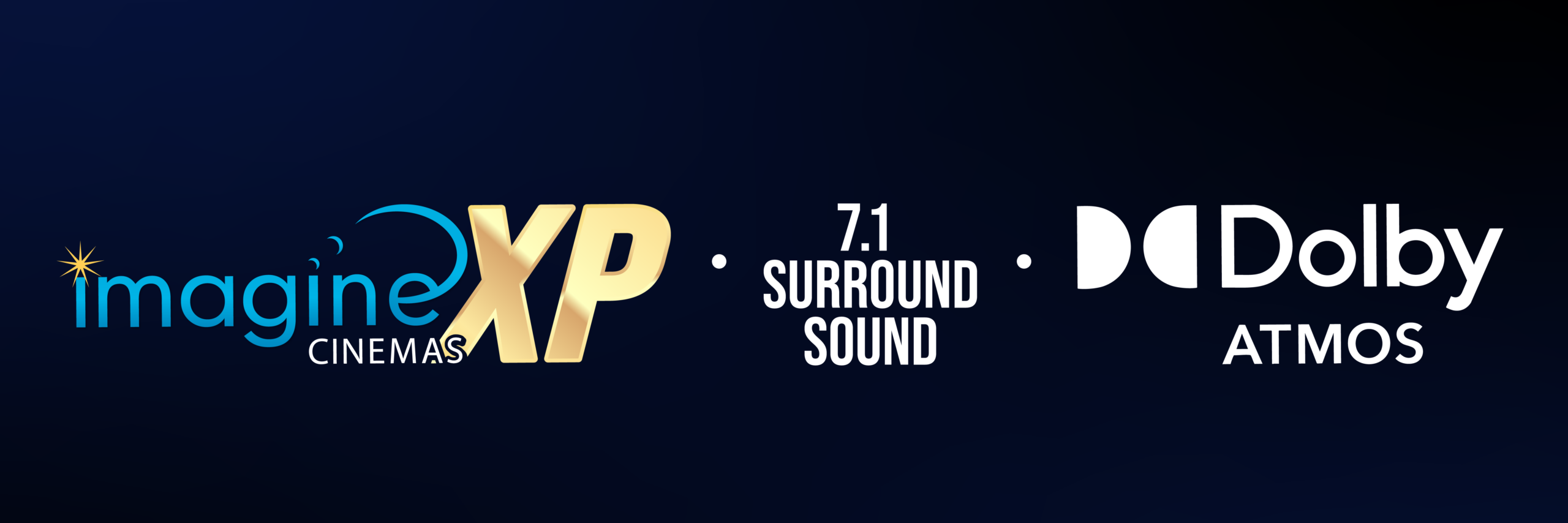 Imagine Cinemas XRP Logo, 7.1 Surround Sound logo & Dolby ATMOS logos